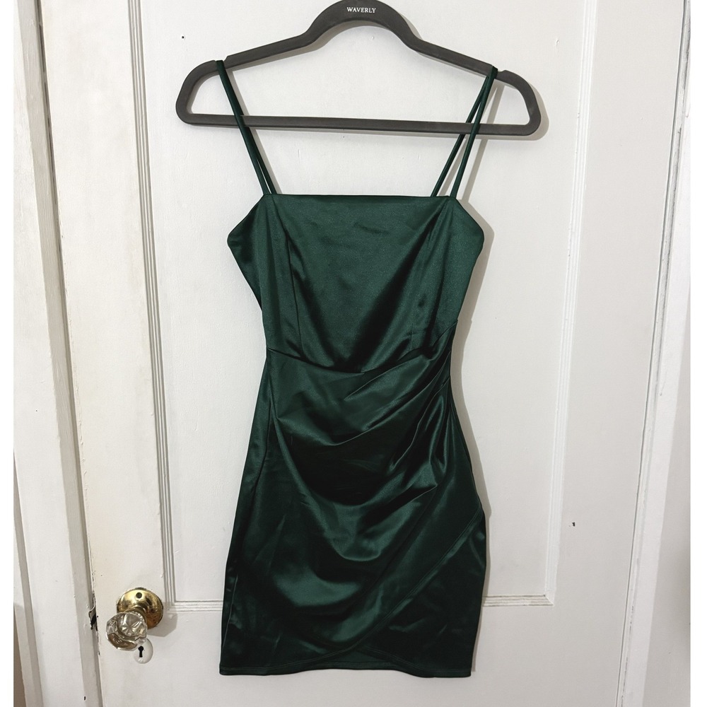 Windsor Emerald Green Satin Ruched Mini Dress Bodycon Spaghetti Strap Small